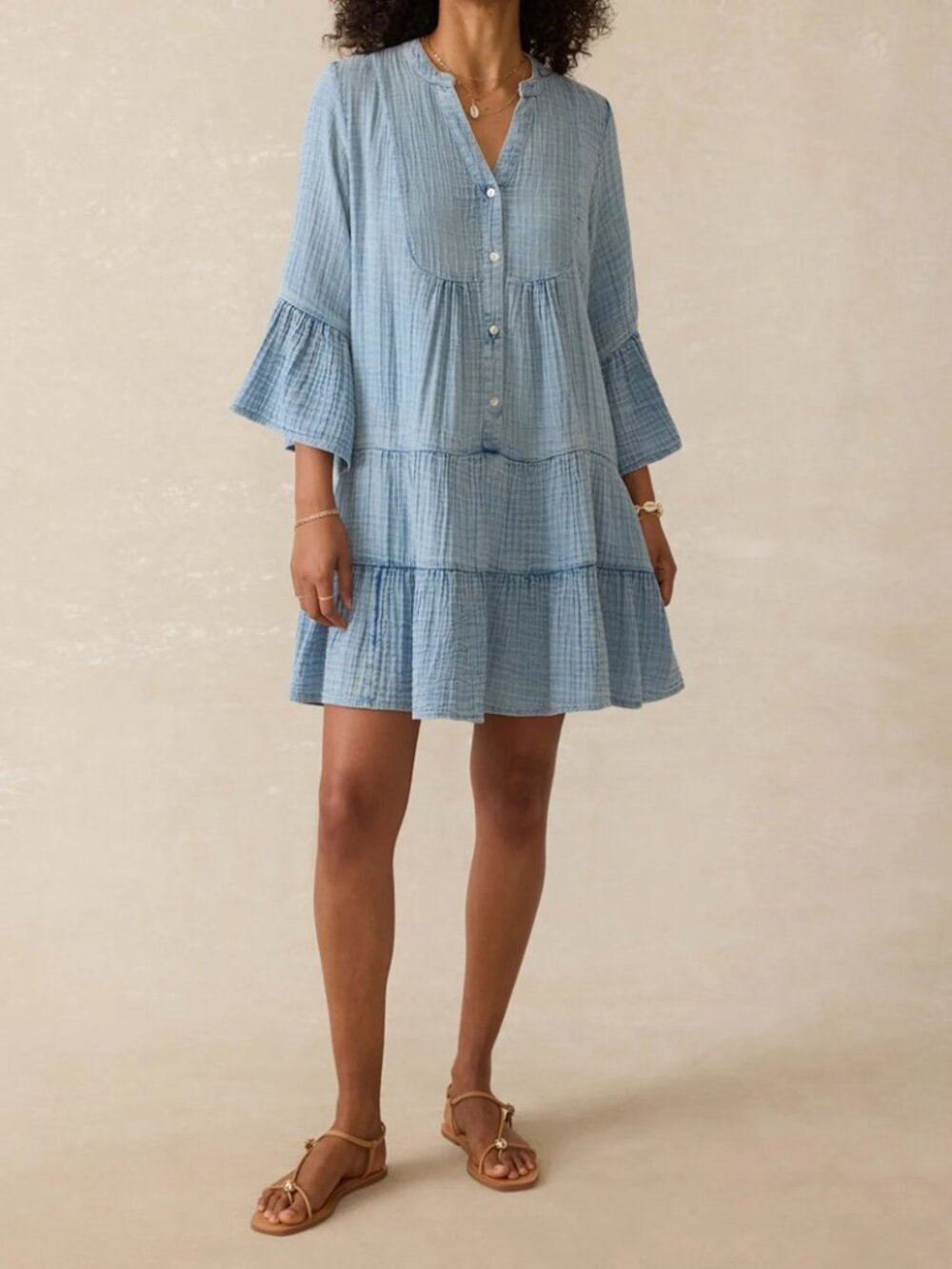 Faherty Blue Cotton Gauze Tiered Kasey Dress Size Large